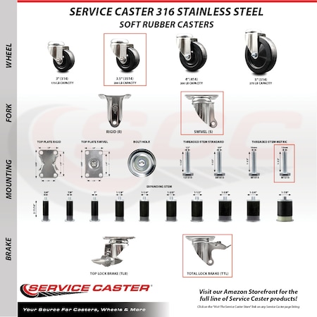 Service Caster 3.5 Inch 316SS Soft Rubber Swivel 12mm Threaded Stem Caster Set Lock Brake SCC-SS316TSTTL20S3514-SRS-M1215-4